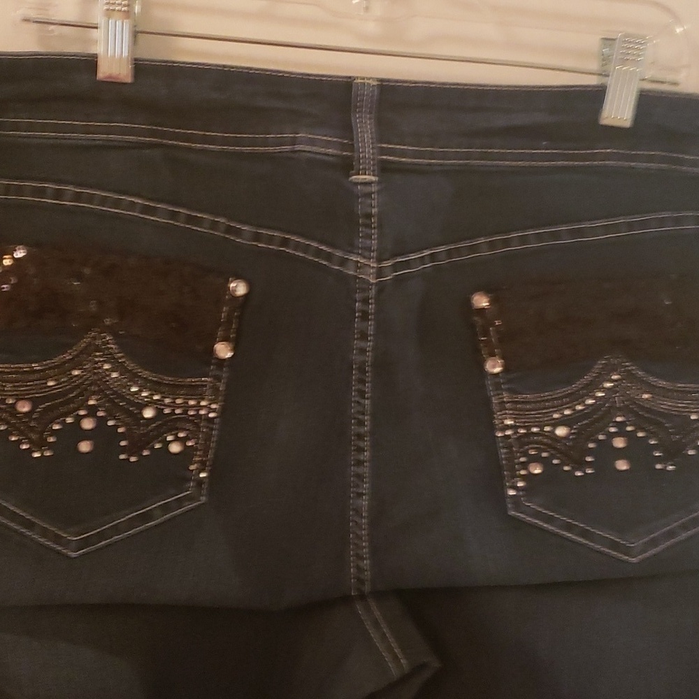 Chico's Jeans Platinum Dark denim Boot cut with Rhinstone pockets - Picture 7 of 9